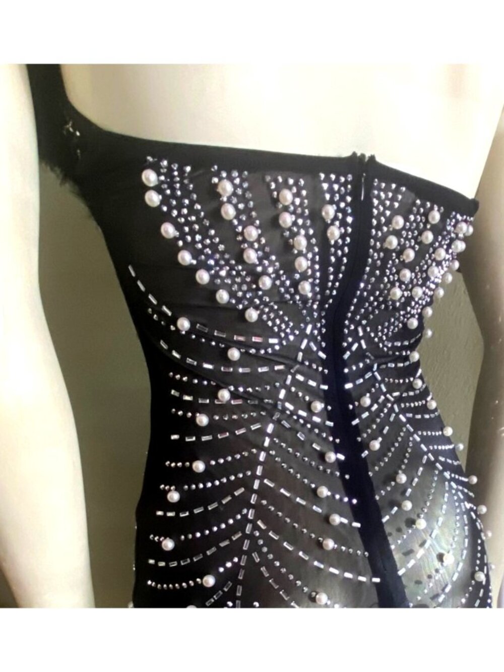 size S beaded thin bodycon black sheer mini dress feather chest detail c-thru - Picture 9 of 9